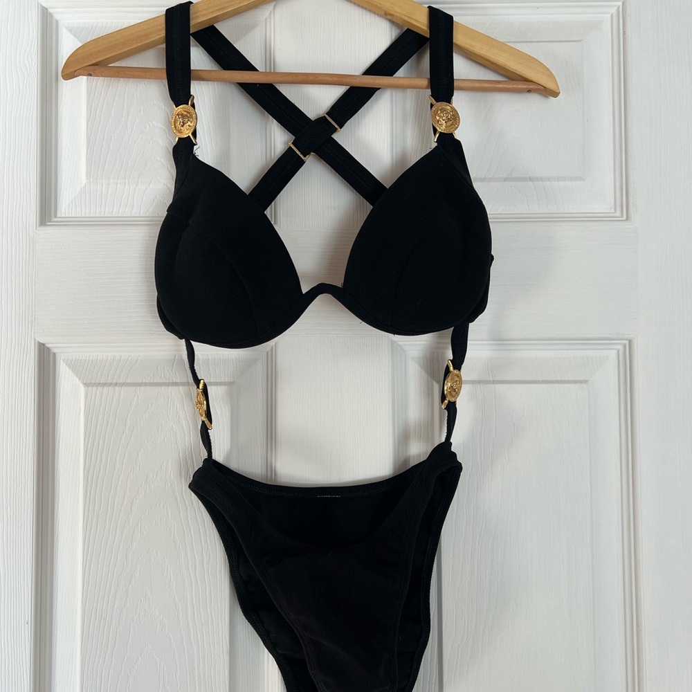Black Strappy Bikini with Gold Accents